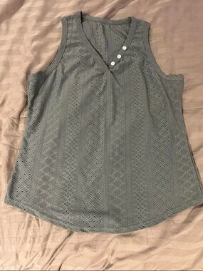 Sleeveless Eyelet V-Neck Tank Top - Sage Green